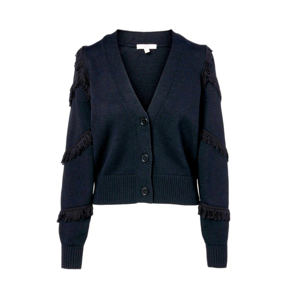 Joie Yves Cotton Black Cropped Spring Cardigan With Fringe Size XXS